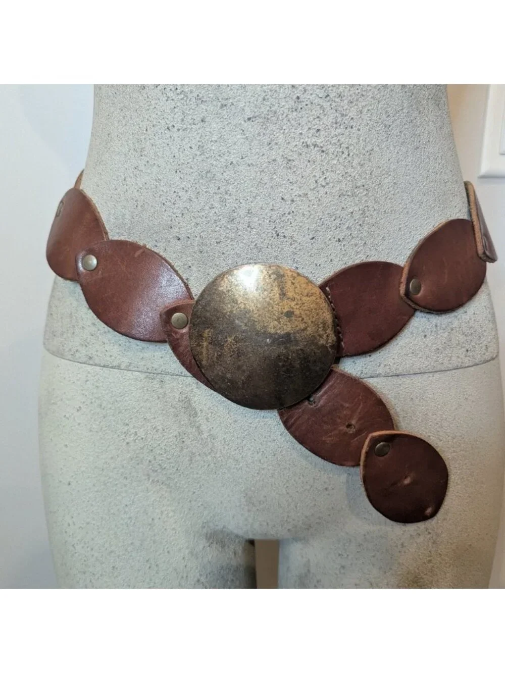 Vintage Leather disk rivet belt with brass metal buckle boho western 39.5